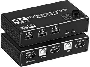HDMI KVM Switch, 4K@60Hz USB Switch 2x1 HDMI2.0 Ports + 3X USB KVM Ports, Share 2 Computers to one Monitor, Support Wireless Keyboard and Mouse, USB Disk, Printer, USB Camera (Included 2 USB Cable)