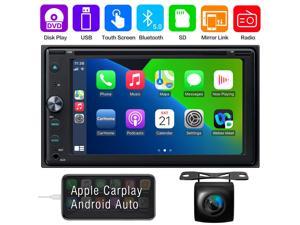 Double Din Car Stereo with CD/DVD Player Apple Carplay & Android Auto, 7 Inch Car Radio with Bluetooth and Backup Camera, Touch Screen, Mirror Link, Steering Wheel Control, USB/TF/AUX Input, AM/FM