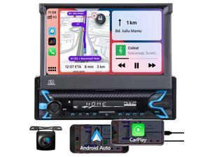Single Din Car Stereo with Apple Carplay Android Auto,7 Inch Flip up Touch Screen Head Unit,Bluetooth 5.0 Mirror Link AHD Backup Camera Car Audio Receiver Support DSP FM/AM USB SD AUX-in Subwoofer