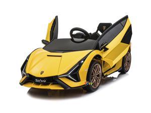 Electric Ride On Car with RC 12V Kids Battery Powered Ride On Toys with Spoked wheel Open Doors Leather 1 Seat MP4 Screen Music Horn Yellow Americas Toys Compatible with Lamborghini