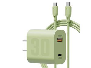 USB-C type c android charger 30w super fast wall charger Green GaN III Dual Port PD3.0 Quick Speed Rapid Power Adapter with USB C to Type C Cable for Samsung Galaxy S22 / S21 Ultra Plus Note 10