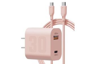 USB-C type c android charger 30w super fast wall charger Pink GaN III Dual Port PD3.0 Quick Speed Rapid Power Adapter with USB C to Type C Cable for Samsung Galaxy S22 / S21 Ultra Plus Note 10