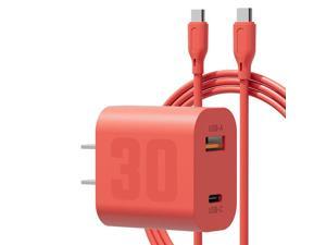 USB-C type c android charger 30w super fast wall charger Red GaN III Dual Port PD3.0 Quick Speed Rapid Power Adapter with USB C to Type C Cable for Samsung Galaxy S22 / S21 Ultra Plus Note 10