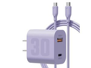 USB-C type c android charger 30w super fast wall charger Purple GaN III Dual Port PD3.0 Quick Speed Rapid Power Adapter with USB C to Type C Cable for Samsung Galaxy S22 / S21 Ultra Plus Note 10