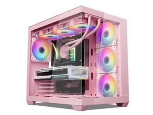 Vetroo AL900 ATX Computer PC Case 270° Full View Tempered Glass Pre-Installed ARGB & PWM Fan in Rear 360mm Radiator Support High-Air flow Perforated Up to 10 fans Support for 50 Series GPUs -Pink