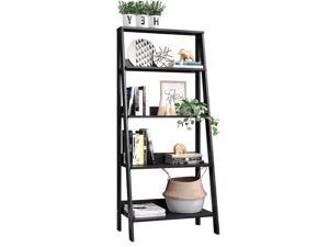 Madesa 5-Tier Ladder Shelf with Storage Space, Free Standing Bookshelf, Wood, 15" D x 24" W x 53" H Black