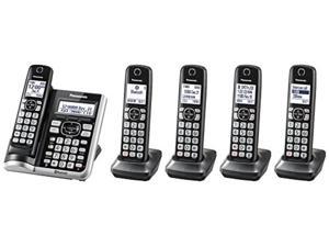 Panasonic Link2Cell Bluetooth Cordless Phone System with Voice Assistant Call Block and Answering Machine Expandable Home Phone with 5 Handsets aEUR KXTGF575S Black with Silver Trim