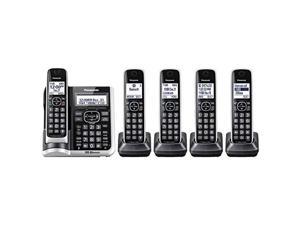 Panasonic Link2Cell Bluetooth Cordless Phone System with HD Audio Voice Assistant Smart Call Block and Answering Machine Expandable Cordless System  5 Handsets  KXTGF675S BlackSilver Trim