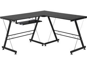 HOMCOM LShaped Computer Desk Corner Table with Keyboard Tray for PC Desktop Laptop Steel Frame Home Office Workstation Black