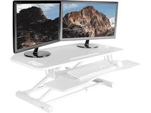 VIVO Extra Wide 38 inch Corner Desk Converter K Series Height Adjustable Sit to Stand Riser Dual Monitor and Laptop Workstation with Wide Keyboard Tray White DESKV000KLW