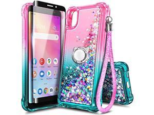 NZND for TCL 30Z T602DL Case TCL 30 LE with Tempered Glass Screen Protector Maximum Coverage Ring HolderWrist Strap Glitter Liquid Floating Waterfall Durable Cute Phone Case PinkAqua