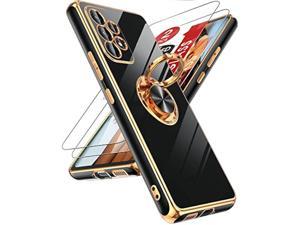 LeYi for Galaxy A53 5G Phone Case with Tempered Glass Screen Protector 2 Pack 360 Rotatable Ring Holder Magnetic Kickstand Plating Rose Gold Edge Protective Case Black