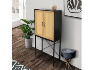 59 High Elegant Cabinet with 2 Rattan Doors Bedroom Living Room Kitchen Cupboard Wooden Furniture with 3Tier Shelving XShaped Supporting Bars Easy Assembly Nature Color