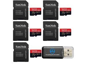 SanDisk 128GB Micro SDXC Extreme Pro Memory Card Five Pack Works with GoPro Hero 7 Black Silver Hero7 White UHS1 U3 A2 Bundle with 1 Everything But Stromboli Micro Card Reader