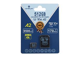 Amplim 512GB Micro SD Card  MicroSD Memory Plus Adapter  Extreme High Speed 170MBS A2 MicroSDXC U3 Class 10 V30 UHSI for Nintendo GoPro Hero Surface Phone Camera Cam Tablet
