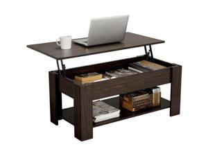 Modern Espresso Wood Lift Top Coffee Table with Hidden Compartment Lower Shelf