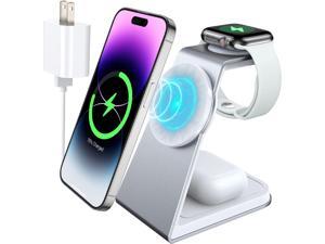NiSHEN Magnetic Charging Station for Multiple Devices Aluminum 15W Fast 3 in 1 Wireless Charger Stand Dock for Apple Watch SE87654 iPhone 141312ProMaxPlusmini  AirPods 32Pro White