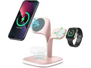 Magnetic Charging Station EXW 5 in 1 Faster MagSafe Wireless Charger Stand for iPhone 141312 ProMaxMiniPlus Apple Watch 876SE5432 and Airpods 32ProPro 2 with LED and Adapter Pink