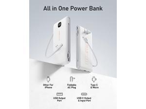Power Bank with Built in Cables 10000mAh 15W USB C Portable Charger with Built in AC Wall Plug Ultra Slim Battery Charger with LED Display Compatible with iPhone 141312 Samsung S21 S22 S23 More