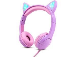 Olyre Kids Headphones with Light Up Cat Ears 35mm On Ear Audio Headphones for Toddler with Tangle Free Cable Max 85dB for School Learning Travel  PurplePink