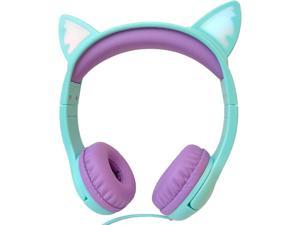 Olyre Kids Headphones with Light Up Cat Ears 35mm On Ear Audio Headphones for Toddler with Tangle Free Cable Max 85dB for School Learning Travel  PurpleGreen