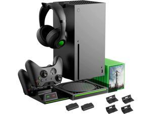 Vertical Stand Compatible with Xbox Series X Console Dual Charging Station with 2 Rechargeable Battery for Xbox Series X Controller with 10 Game Card Slot and Headphones Holder  4 Cover