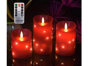 Red LED flameless Candle with Embedded Starlight String 3 LED Candles 10Key Remote Control 24Hour Timer Function Dancing Flame Real Wax Battery Powered Red Wine