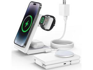 FACBINY 3in1 Magnetic Foldable Wireless Charging Station for Multiple Devices Apple with 20W Adapter Magsafe Charger Stand for iPhone 141312 Series Apple Watch UltraSE2 to 8 AirPods White
