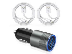 Apple MFi Certified iPhone Car Charger34a Fast Charge Dual Port USB Cargador Carro Lighter Adapter USB Car Charger iPhone Metal Cigarette Lighter 2Pack Lightning Cable for iPhoneiPadAirpods