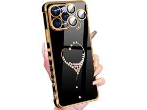 Petitian for iPhone 13 Pro Max Case Cute Women Girls Bling Glitter Designed Heart Phone Cases for iPhone 13 Pro Max Girly Gold Plating Phone Cover for 13 Promax with Camera Protector Black