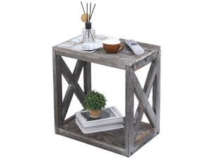 Rustic Gray Solid Wood Small End Table with X Design and Bottom Storage Shelf Decorative Entryway Bedroom Side Table Night Stand Bedside Table