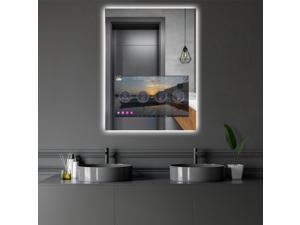 Haocrown LED Bathroom Mirror with 215 Full Touch Screen Smart TV 24x32 inch Backlit Lighted Vanity Mirror Android 11 OSBluetooth WiFi 3 Colors Dimmable LED Light Vertical Wall Mounted