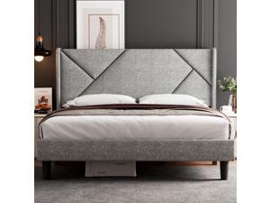 King Size Bed Frame with Geometric Wingback Headboard Upholstered Platform Bed Frame with Solid Wood Slats 8 Storage Space No Box Spring Needed Easy Assembly Light Gray