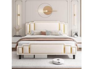 Queen Size Modern Velvet Upholstered Bed Frame with Adjustable Headboard Studded with Golden Iron Slice  Rivets Platform Bed Frame with No Noise No Box Spring Needed Easy Assembly Beige