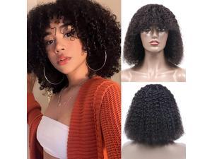 Jerry Curly Bob Wig with Bangs 10A Short Virgin Human Hair Wigs Glueless Afro Curly Wigs for Black Women 200 Density Natural Color Human Hair Top Full Machine Made Wig With Bangs 14 Natural Color