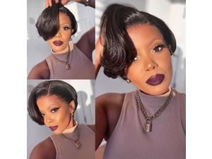 Short Human Hair Wigs for Black Women 10A Pixie Cut Wig Transparent Wave Lace Front Bob Wig 13X4x1 T Part Brazilian Loose Wave Lace Frontal Wigs 150 Density1B6Inch