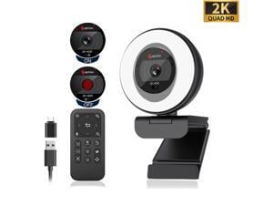 Angetube Webcam, 2K Streaming Webcam with Ring Light, HDR Laptop Camera with Remote, Dual Stereo Microphone and Privacy Cover, Auto Focus 5X Zoom in, Computer Camera for Zoom/Skype/Teams/Webex