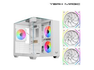 YEAH MAGIC CUBE Gaming computer Case,Tempered Glass ,Three-sided transparent, support MATX, ITX,With 3 RGB Fans, 3D panoramic view, left and right compartments Gaming desktop Case,White