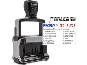 - 5117 Professional 12-Message Stamp w/Dater, Self-Inking, Blue/Red 2 Color Ink