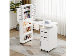 Manicure Table with Extendable Polish Cabinet, Nail Desk with LED Light, Dust Collector, Wrist Rest, Lockable Wheels, Beauty Salon Station Home Nail Tech, White