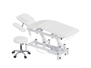 2-Motor Electric Massage Table for Physical Therapy (White, with Stool) | Professional Treatment & Medical Exam Table with Wheels, 3-Section Lumbar Lift & Height Adjustable for Facial Tattoo Waxing