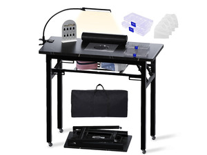 Portable & Foldable Manicure Table w/Dust Collector, Rolling Nail Tech Desk w/LED Light Lamp, Wrist Cushion, Lockable Wheels, Carrying Case, for Home Travel Beauty Salon Workstation (Marble Black)