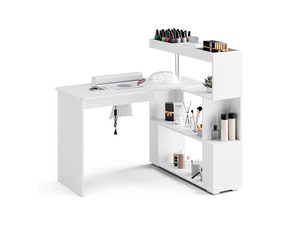 Manicure Table, L-Shaped Nail Tech Desk with Dust Collector, Reversible Rotating Table & Storage Shelf, Acetone Resistant Beauty Salon Station, White
