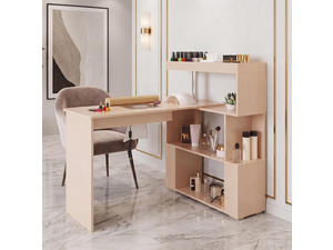 Manicure Table, L-Shaped Nail Tech Desk with Dust Collector, Reversible Rotating Table & Storage Shelf, Acetone Resistant Beauty Salon Station, Champagne