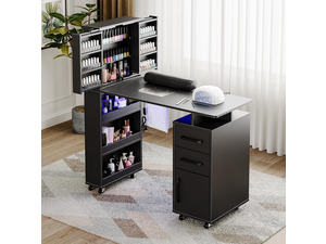 Manicure Table with Extendable Polish Cabinet, Nail Desk with LED Light, Dust Collector, Wrist Rest, Lockable Wheels, Beauty Salon Station Home Nail Tech, Black