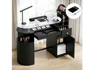 Manicure Table with Dust Collector, Professional Nail Tech Desk with Tempered Glass Top, Storage Cabinet & Drawer, Acetone Resistant, for Nail Beauty Salon Workstation(Black)