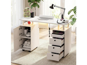 Nail Tech Table with Dust Collector & LED Light, Rolling Manicure Desk with Storage Drawers & Cabinets, Lockable Wheels, Acetone-Resistant Beauty Workstation for Salon, Home (White)