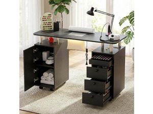 Nail Tech Table with Dust Collector & LED Light, Rolling Manicure Desk with Storage Drawers & Cabinets, Lockable Wheels, Acetone-Resistant Beauty Workstation for Salon, Home (Black)