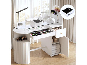 Manicure Table with Dust Collector, Professional Nail Tech Desk with Tempered Glass Top, Storage Cabinet & Drawer, Acetone Resistant, for Nail Beauty Salon Workstation(White)