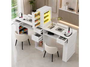 Double Manicure Table 76.5" Wide, 2 Person Nail Desk w/LED Light & Dust Collector, Professional Salon Workstation w/Storage Drawers, Hand Rest, for Nail Techs Beauty Salon